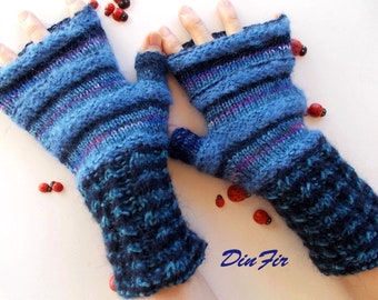 Men L Gloves Ready To Ship Accessories Women Fingerless Mittens Arm Warm Wrist Warmers Hand Knitted Winter Gift Wool Mohair Striped Blue 732