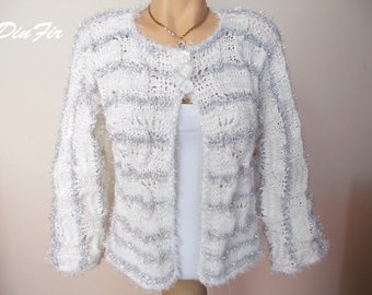 Women Bolero Shrug Wedding Bridal Accessories Cape Hand Knitted Ready To Ship Crochet Bridesmaid Capelet Cardigan Long Sleeves White Striped