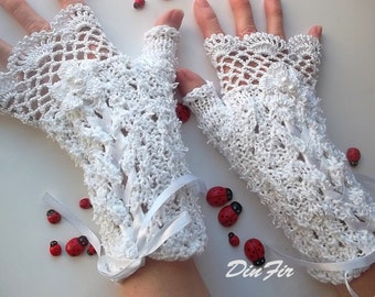 Crocheted Cotton Gloves L Ready To Ship Victorian Fingerless Summer Women Wedding Lace Evening Knitted Bridal Party White Corset Opera B54