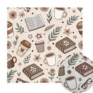 May include: A repeating pattern featuring coffee cups, books, flowers, and leaves in shades of brown, beige, and green. The design includes open books, coffee-to-go cups, and mugs, creating a cozy, bookish theme.