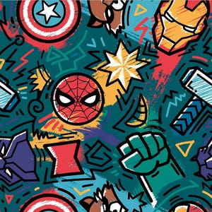 May include: A colorful, abstract pattern featuring various superhero characters, including Spider-Man, Iron Man, Captain America, and Black Panther. The design is filled with bright colors and bold lines, creating a dynamic and energetic feel.