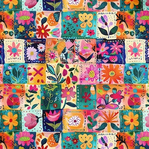 May include: A fabric pattern featuring a grid of colorful squares, each containing hand-drawn style illustrations of various flowers, leaves, and abstract shapes in vibrant shades of pink, orange, yellow, teal, and deep blue on a light background.