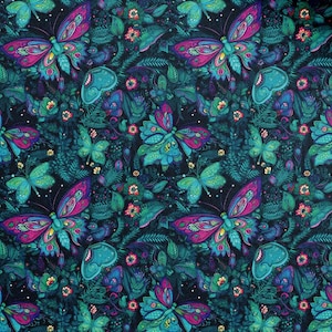 May include: A vibrant, repeating pattern featuring colorful butterflies and floral elements. The butterflies have intricate wing designs in shades of pink, teal, and purple. The background is a dark teal with green foliage and small red and yellow flowers.