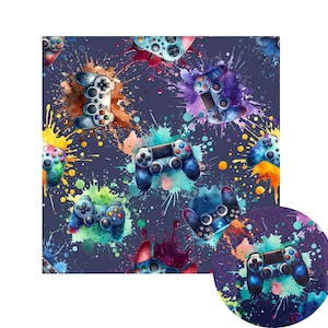 Puede incluir: Un fondo azul oscuro con un patrón de salpicaduras de acuarela coloridas y mandos de videojuegos. Los mandos son de varios colores, incluyendo azul, verde y morado. El diseño se repite.