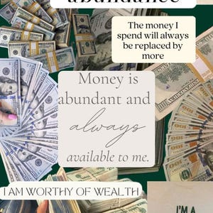 K&ouml;nnte beinhalten: Bild mit Stapeln und F&auml;chern von US-Dollar-Scheinen, mit Text&uuml;berlagerungen wie "F&uuml;lle", "Geld ist im &Uuml;berfluss vorhanden und steht mir immer zur Verf&uuml;gung" und "Ich ziehe m&uuml;helos Reichtum an."