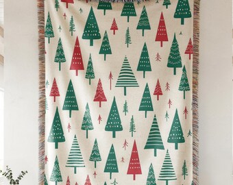 Modern Christmas Tree Woven Blanket, Red and Green Holiday Decor