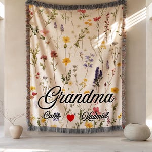 Wildflower Woven Blanket With Grandkids Names, Personalized Grandma Throw, Custom Floral Gift For Nana Or Mom, Cozy Cotton Memory Blanket
