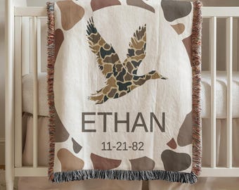 Personalized  Baby Blanket, Duck Camo Blanket,Hunting Theme Boy Name Blanket,Custom Woven Keepsake,Baby Shower Gift,Newborn Name Gift