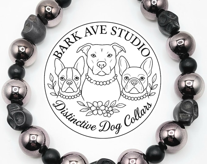 Featured listing image: Beaded Skull Dog Collar: Chrome & Black Onyx - Bark Ave Studio (14")