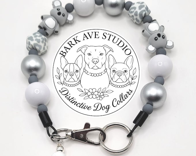 Featured listing image: Handmade Koala Charm Dog Collar: Gray, White & Silver Beaded Pet Accessory (12")