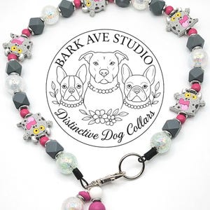 Cute Cartoon Monster Dog Collar – Pink & Gray Beaded Pet Jewelry – Statement Collar for Stylish Dogs – Bark Ave Studio Exclusive
