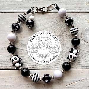 18” Panda Parade Beaded Dog Collar – Chunky Black & White Dog Jewelry – Handcrafted Panda Charm Collar – Bark Ave Studio Original