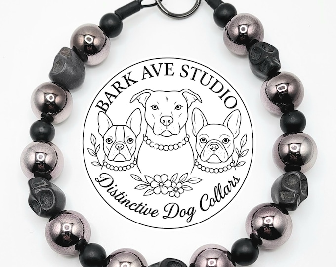 Featured listing image: Bad to the Bone Dog Collar – Beaded Skull Collar for Boy Dogs – Chrome & Black Dog Accessory by Bark Ave Studio