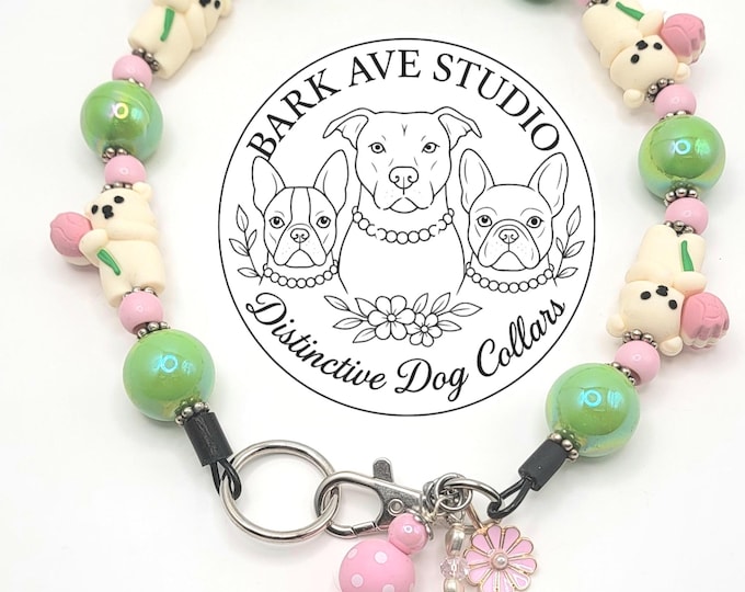 Featured listing image: Spring Bear Beaded Dog Collar | Pet Jewelry | Cute Green & Pink Collar | Gift For Dogs