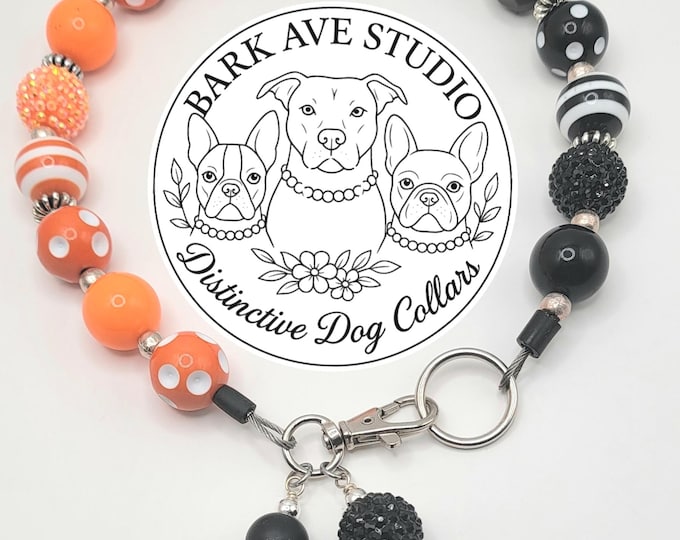 Featured listing image: Orange & Black Glam Dog Collar - Spooky Chic Beaded Dog Collar - Festive Fall Dog Collar