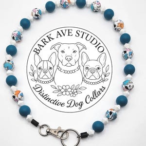 Dinosaur Dreams Beaded Dog Collar – Cartoon Dino Beads with Aqua Blue Silicone – Lightweight, Handmade Collar – Bark Ave Studio