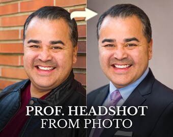 May include: A before-and-after headshot of a smiling man. The left side shows him in a leather jacket against a brick wall. The right side shows him in a suit. Text reads "PROF. HEADSHOT FROM PHOTO."