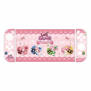 Peut inclure: Skin rose pour Nintendo Switch avec des personnages de style anime et le texte "Shugo-Chara!". Le design comprend des illustrations de filles avec des accessoires sur le thème des œufs de Pâques, sur un fond à motifs de losanges avec des nœuds et de la dentelle.