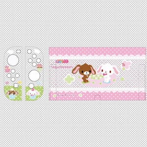 May include: A pink and white Sugarbunnies-themed Nintendo Switch skin. The design features two cartoon bunnies, polka dots, and floral accents. The left and right Joy-Con controllers are decorated with cupcakes and bunny illustrations.