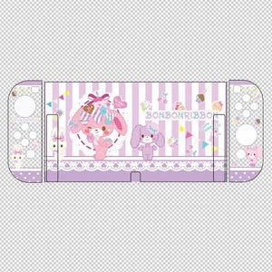 Könnte beinhalten: Ein lila-weißes Nintendo Switch-Skin mit einem niedlichen Hasen-Design. Das Skin hat ein vertikales Streifenmuster mit Illustrationen von Hasen, Süßigkeiten und dem Text "BONBONRIBBON". Das Design ist in Rosa- und Lilatönen gehalten.