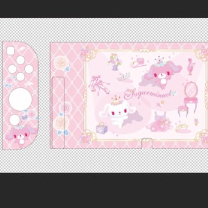 May include: Pink Switch console skin set with a diamond pattern and floral details. The design includes illustrations of cute characters, crowns, and dresses. The text "Sugarmimuel" is also present.