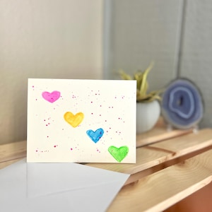 Cartão de corações em aquarela, cartão em aquarela, para aniversário, cartão de mensagem para o verão, cartão em branco, cartão de aniversário em aquarela, aquarela feito à mão, para a mãe