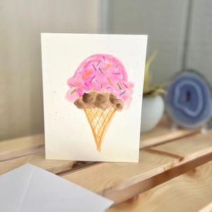 Tarjeta de cumpleaños con helado de acuarela, tarjeta de acuarela, tarjeta en blanco para niños, tarjeta en blanco, tarjeta de cumpleaños de acuarela para niñas, tarjeta de verano