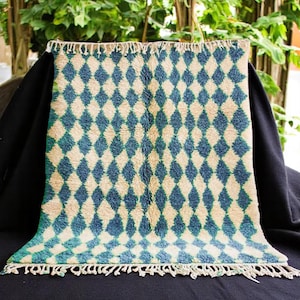 May include: A rectangular rug with a diamond pattern in teal and beige. The rug has a fringe along the top and bottom edges. The rug is displayed on a dark surface with green foliage in the background.
