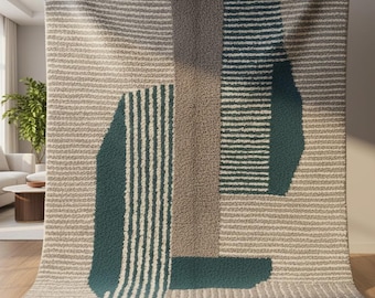 Petrol Blue Berber Wool Carpet • Handmade Beni Ourain Style • Custom Size Abstract Design