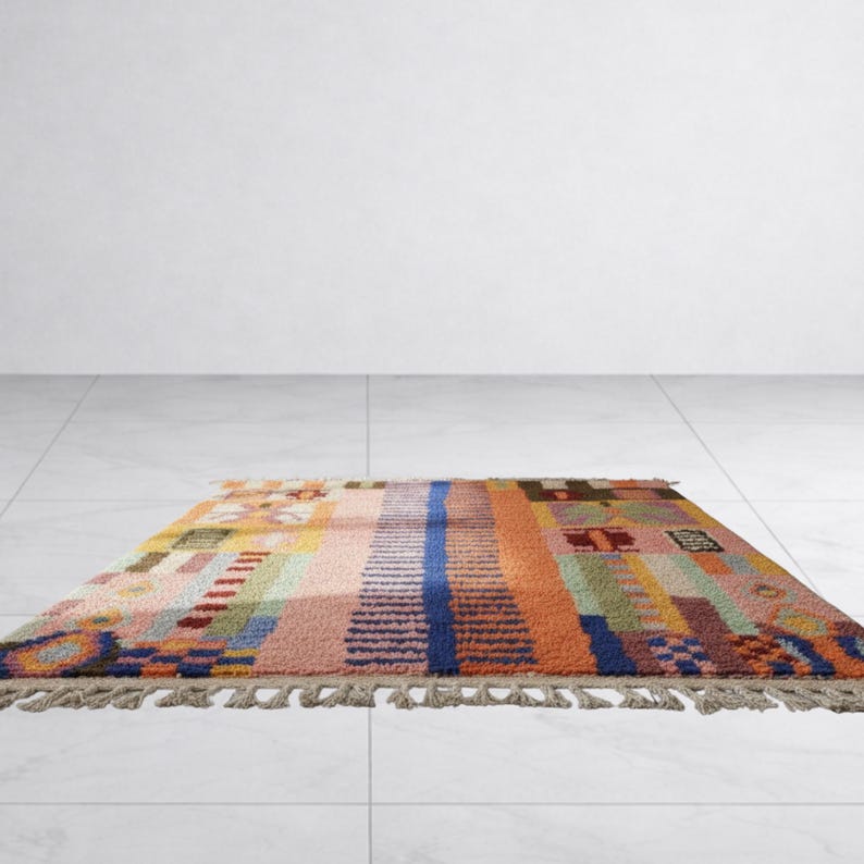 K&ouml;nnte beinhalten: Ein rechteckiger Teppich mit einem farbenfrohen geometrischen Muster. Der Teppich weist Streifen und Bl&ouml;cke in verschiedenen Farben auf, darunter Orange, Blau, Rosa und Gr&uuml;n. Er hat einen Fransenrand und ist wahrscheinlich aus gewebtem Material.