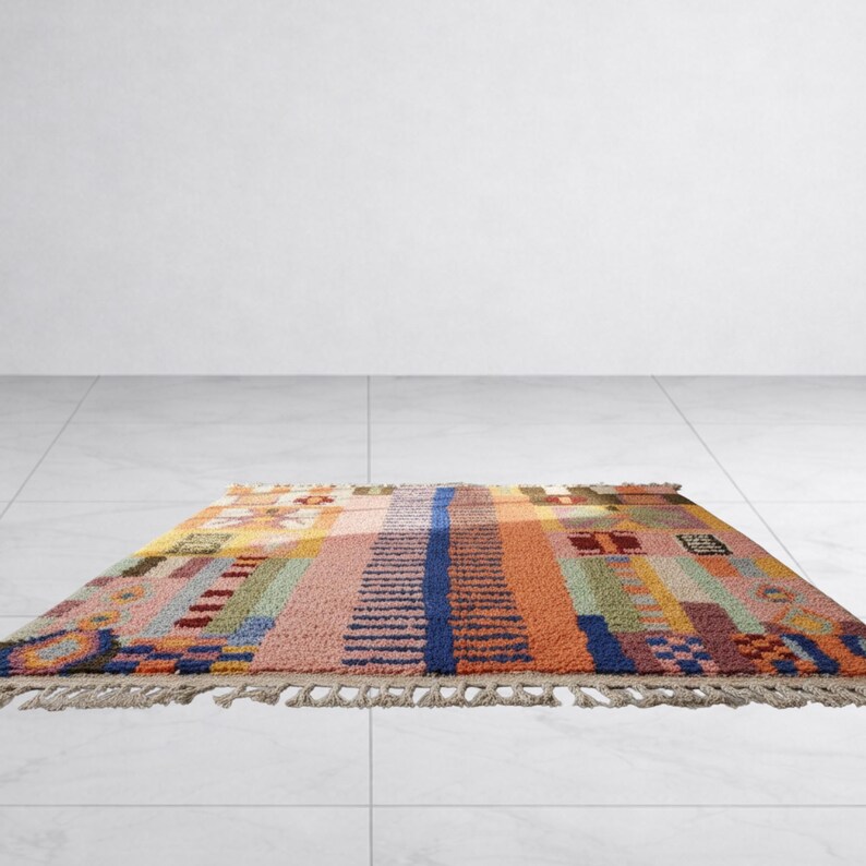 K&ouml;nnte beinhalten: Ein rechteckiger Teppich mit einem farbenfrohen, geometrischen Design. Der Teppich weist vertikale Streifen in Rosa-, Orange-, Blau- und Gr&uuml;nt&ouml;nen mit strukturiertem Aussehen auf. Die Kanten sind mit Fransen versehen.