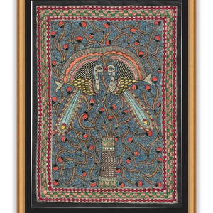 Original Madhubani-konst på handgjort papper, traditionell Madhubani, färgglad heminredning, etnisk konst, boho-inredning, hantverksmålningar.