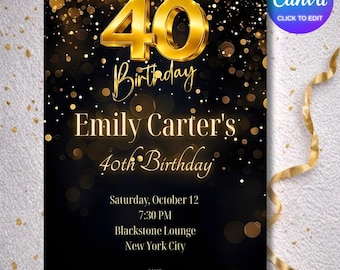 Black and Gold 40th Birthday Invitation, Elegant Milestone (Canva Digital Download)