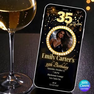 May include: A smartphone displays a birthday invitation. The invitation features a photo of a woman in a diamond-framed circle, with the text "35 Birthday" and "Emily Carter's 35th Birthday". A glass of wine is in the foreground.