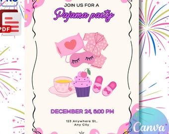 Invitación a fiesta de pijamas para niñas, pijamas rosas, plantilla editable de Canva (descarga digital)