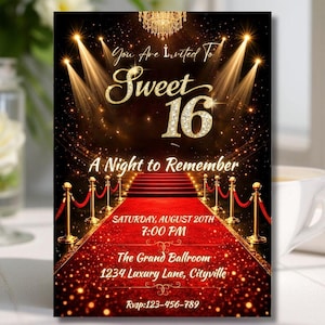 Peut inclure: Carte d'invitation Sweet 16 avec un design de tapis rouge. La carte présente un texte doré qui se lit « You Are Invited To Sweet 16 » et « A Night to Remember ». Les détails incluent la date, l'heure et le lieu.