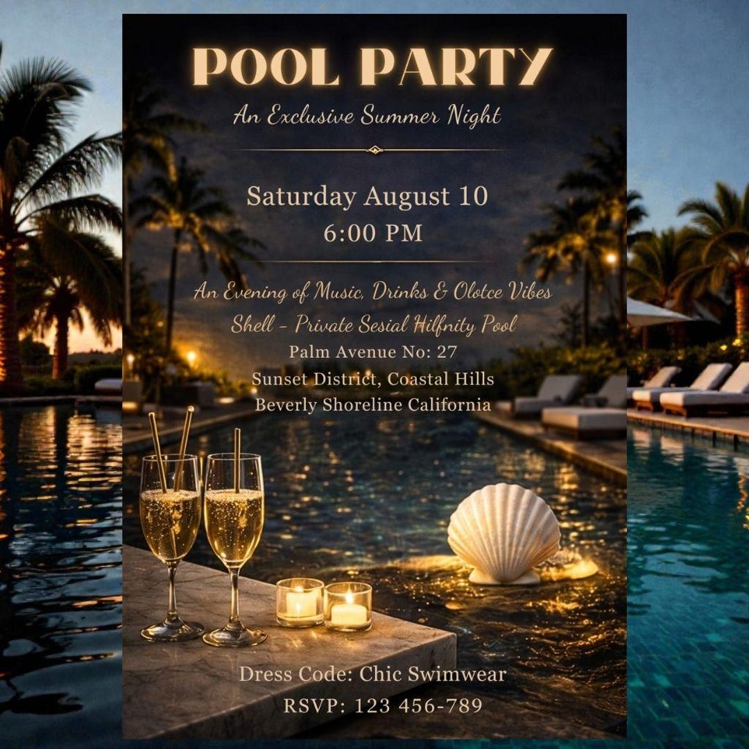 Luxury Night Pool Party Invitation, Elegant Summer Theme (editable ...