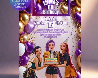 Invitación de Cazadores de Demonios K-Pop, Invitación de Cumpleaños de Anime K-Pop, Descarga Digital de Feliz Cumpleaños
