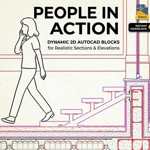 Peut inclure: Illustration numérique promouvant les blocs AutoCAD "PEOPLE IN ACTION". L'image présente un dessin au trait d'une personne marchant tout en parlant au téléphone, avec du texte superposé. Des éléments architecturaux sont également visibles.