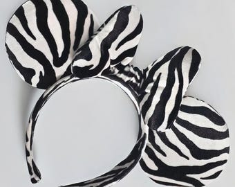 Zebra Print Velvet Mouse Ears With Zebra Print Bow