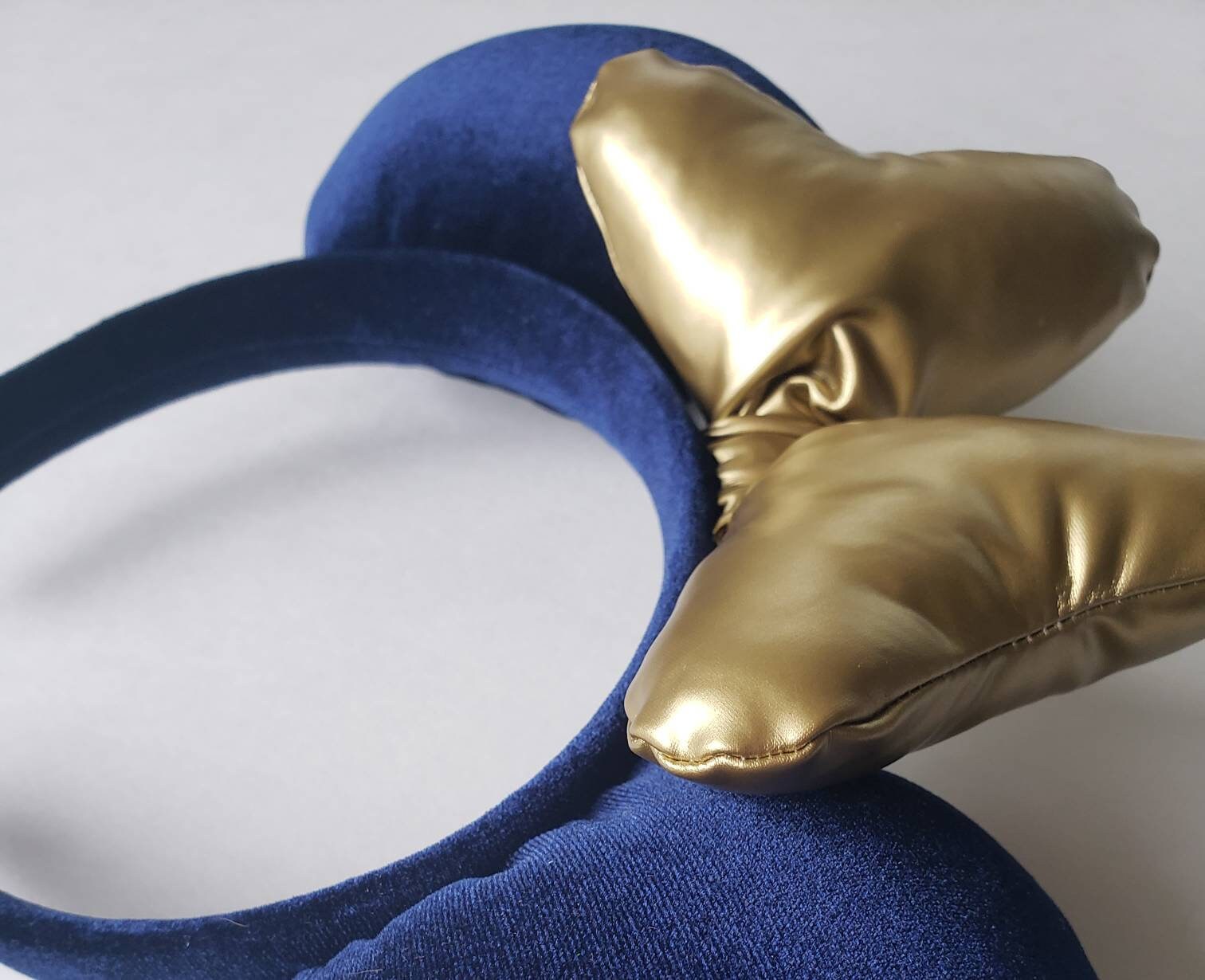 Navy Blue Velvet Mouse Ears Headband With Gold Faux Leather  display picture 1