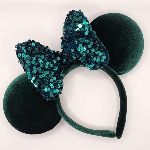 Dark Green Velvet Mouse Ears With Dark Green Sequin Bow