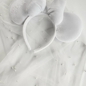 Bridal Mouse Ears | White Velvet Bride Mouse Ears with Bow and Pearl Adorned Veil | Customizable Embroidery Option