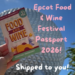 May include: A rectangular Epcot International Food and Wine Festival 2026 passport booklet with a cream, red, and green cover. The cover features the text Food and Wine, a cartoon rat chef, and a piece of cheese against a light background.