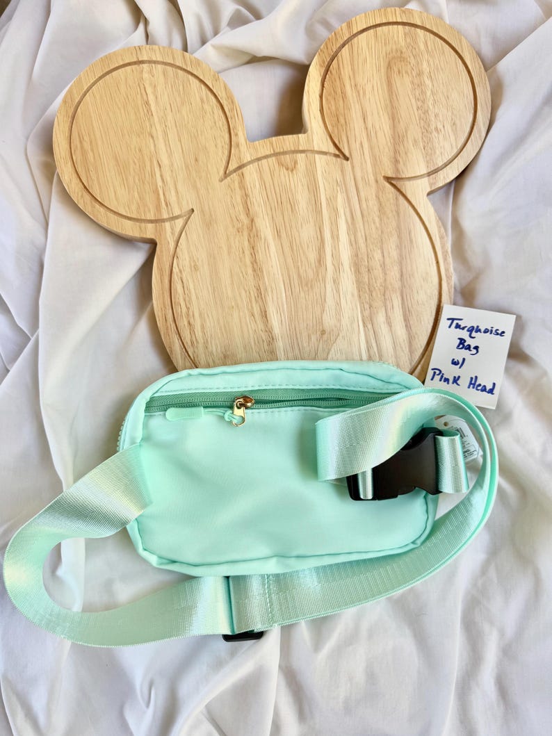 May include: A light turquoise belt bag with a zippered closure, a matching adjustable strap, and a black plastic buckle. A wooden board shaped like a mouse head is positioned behind the bag. A white tag reads Turquoise Bag w/ Pink Head.