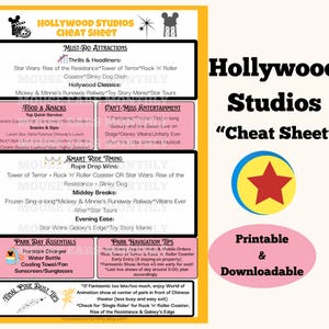 Op de afbeelding: Een wit en geel informatieblad getiteld Hollywood Studios Cheat Sheet, met secties voor attracties, eten, entertainment en parktips. Het bevat een rood sterpictogram op een blauwe en gele cirkel en tekst over parknavigatie.