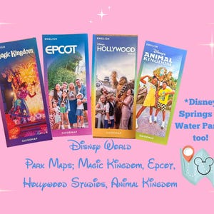 May include: Four English guide maps for Disney World parks: Magic Kingdom, Epcot, Hollywood Studios, and Animal Kingdom. The maps are colorful, with images of park attractions and characters. Text on the image says "Disney Springs & Water Parks too!"