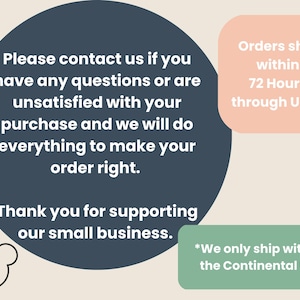 May include: A dark blue circle graphic on a light background featuring white text that reads: Please contact us if you have any questions or are unsatisfied with your purchase and we will do everything to make your order right. Thank you for supporting our small business. A white mouse-ear outline is in the bottom left corner.