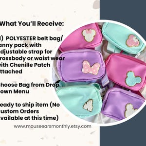 May include: A collection of polyester belt bags in shades of pink, purple, and mint green, each featuring a unique chenille patch. The bags have adjustable straps for crossbody or waist wear and are displayed in a circular arrangement.