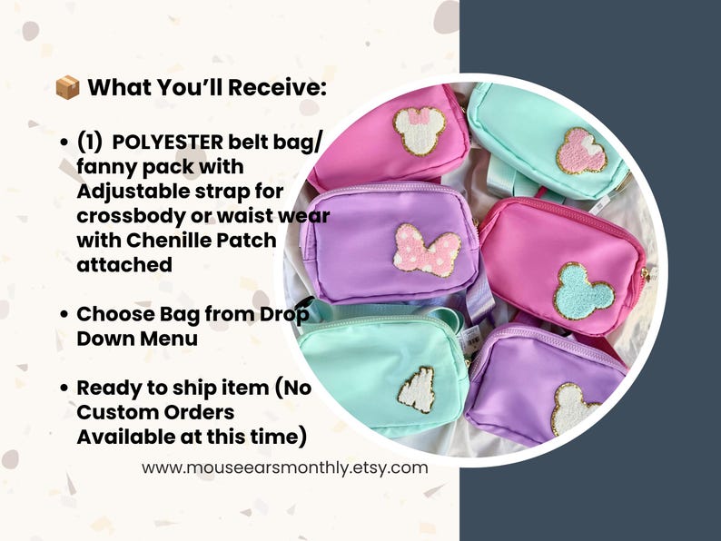 May include: A collection of polyester belt bags in shades of pink, purple, and mint green, each featuring a unique chenille patch. The bags have adjustable straps for crossbody or waist wear and are displayed in a circular arrangement.